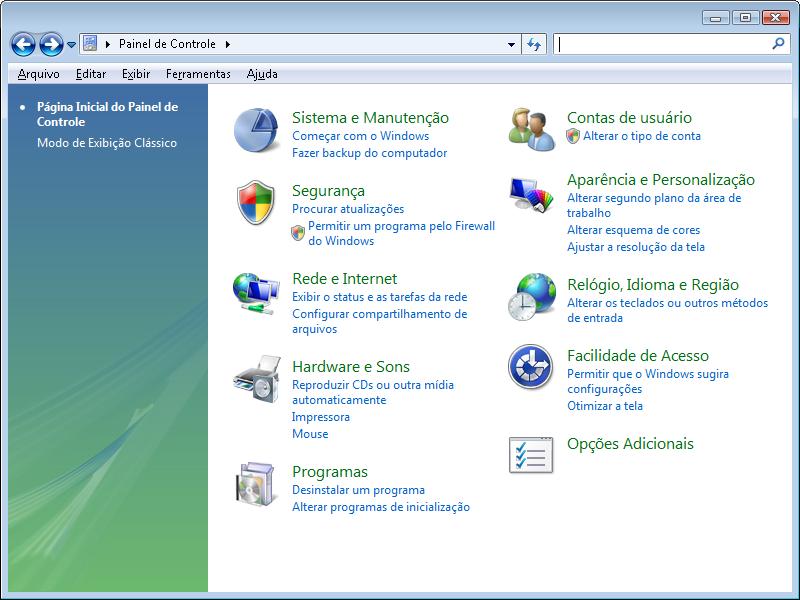 Painel de controle do Windows Vista